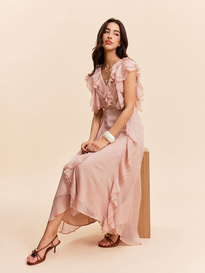 Yarı Şeffaf Volan Detaylı Elbise