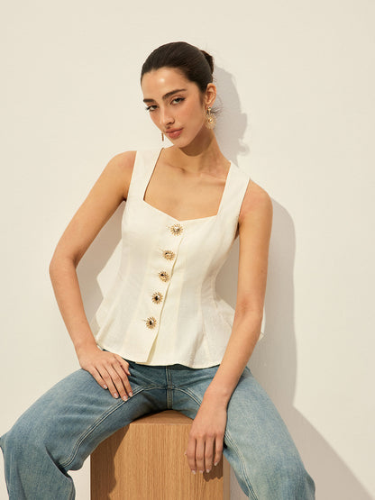 Kare Yaka Düğmeli Peplum Üst