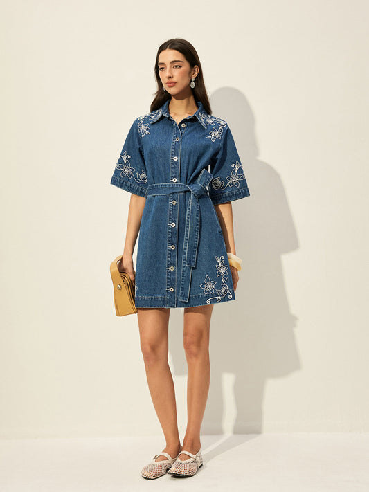 Beltli Nakışlı Denim Elbise