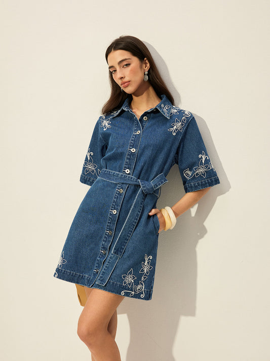 Beltli Nakışlı Denim Elbise