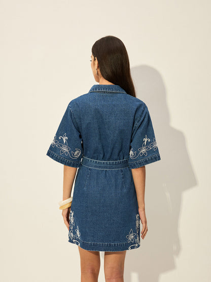 Beltli Nakışlı Denim Elbise