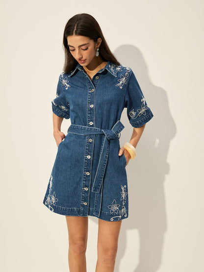 Beltli Nakışlı Denim Elbise