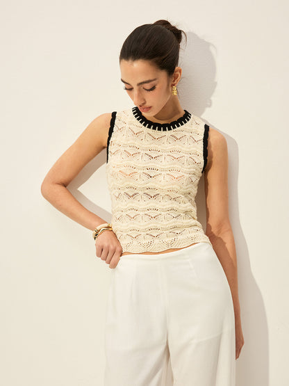 Crochet Kontrast Kenarlı Süveter Yelek