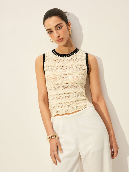 Crochet Kontrast Kenarlı Süveter Yelek
