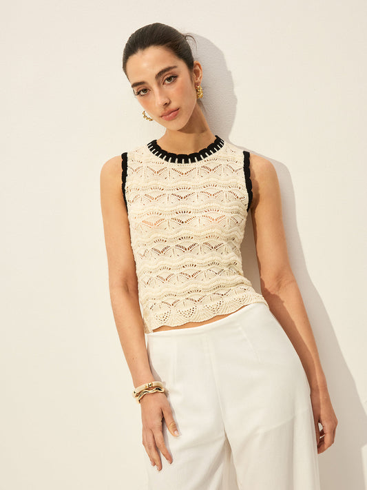 Crochet Kontrast Kenarlı Süveter Yelek
