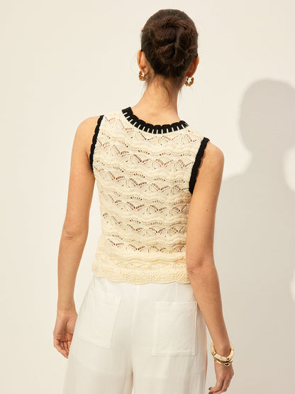 Crochet Kontrast Kenarlı Süveter Yelek