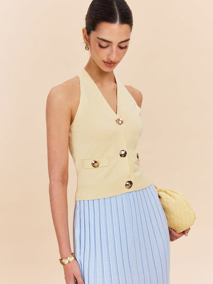 Dekoratif Ceplerle Halter Boyun Ribana Örme Yelek