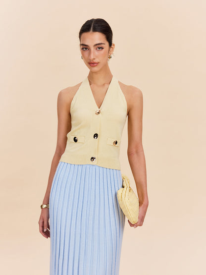 Dekoratif Ceplerle Halter Boyun Ribana Örme Yelek