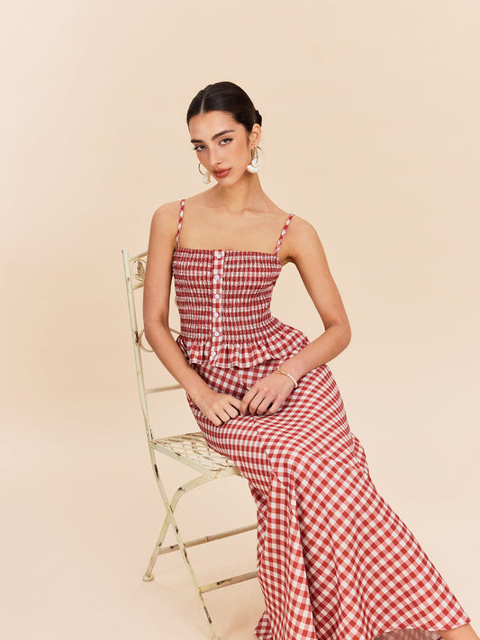 Çizgili Smocklu Peplum Askılı Üst