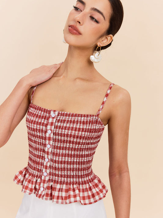 Çizgili Smocklu Peplum Askılı Üst