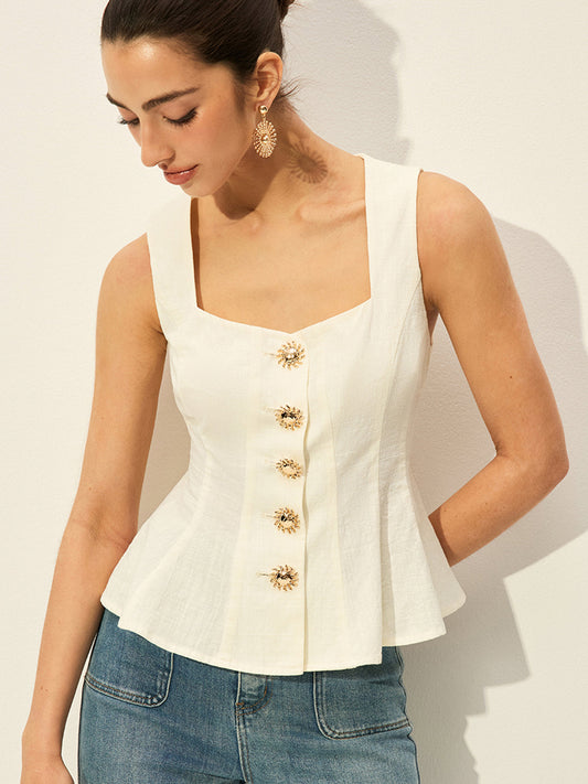 Kare Yaka Düğmeli Peplum Üst