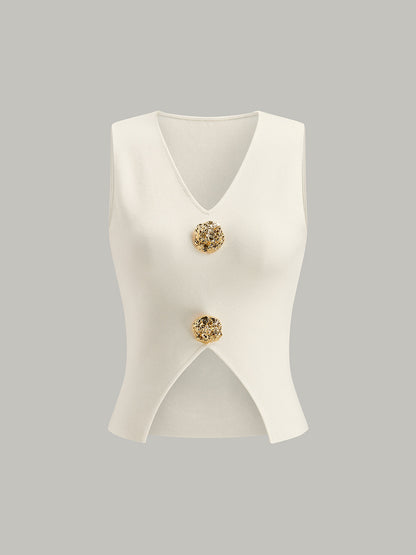 Metal Detaylı V Yaka Yırtmaçlı Süveter