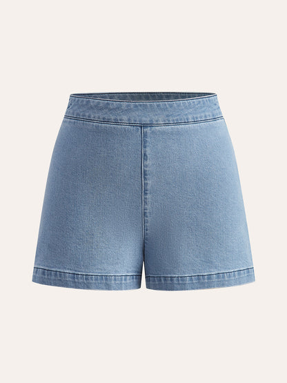 Metal Düğme Bağcıklı Denim V Yaka Şort Takımı