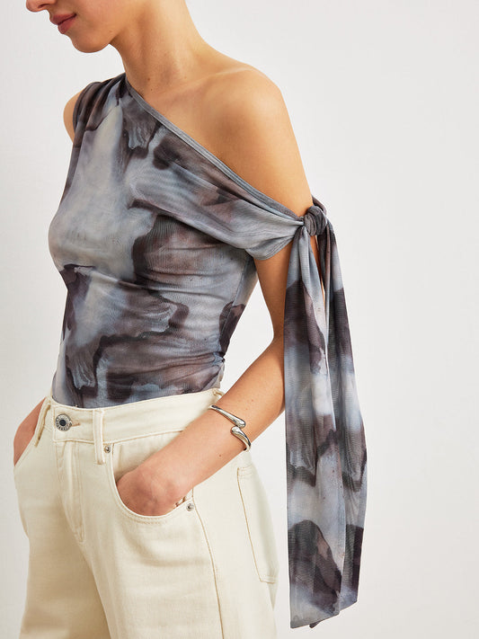 Boho Baskı Asimetrik Yaka Ağ Mesh Drapeli Bluz