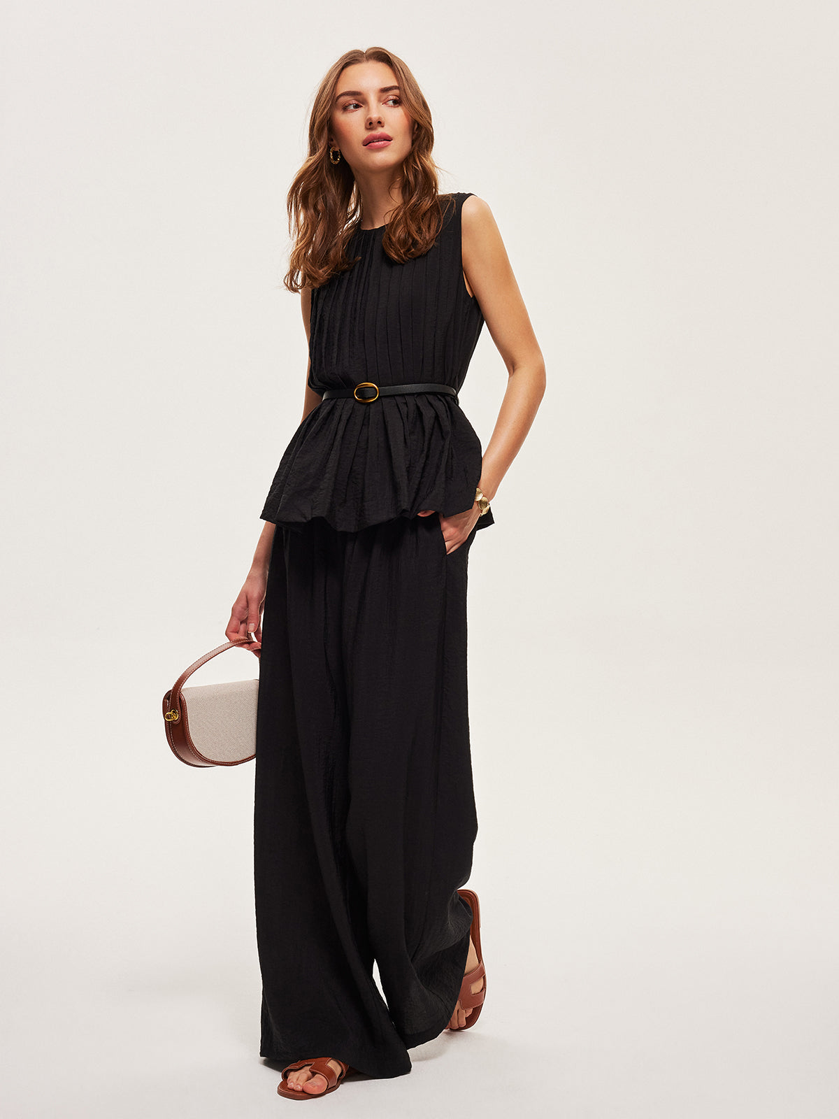 Peplum Üst Geniş Paça Pantolon Takımı Kemerle