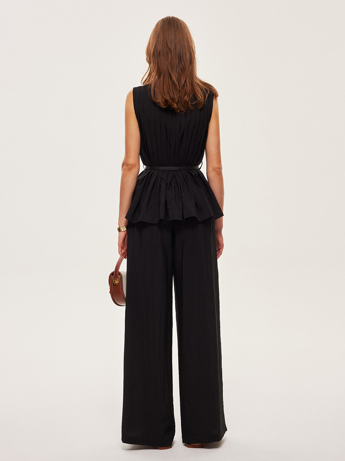 Peplum Üst Geniş Paça Pantolon Takımı Kemerle