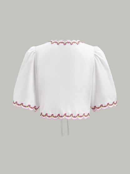 Nakışlı Dantel Kenar Puff Sleeve Kemer Bluz