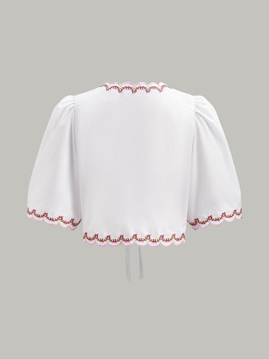 Nakışlı Dantel Kenar Puff Sleeve Kemer Bluz