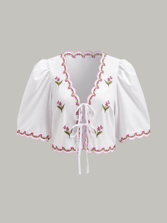 Nakışlı Dantel Kenar Puff Sleeve Kemer Bluz