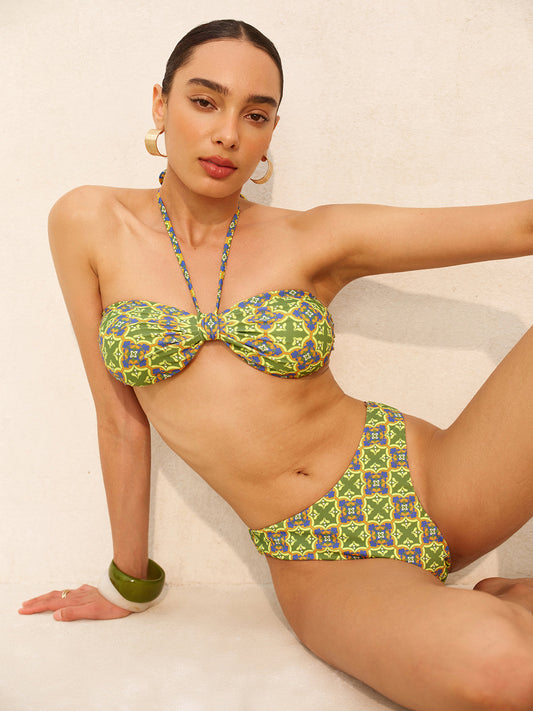 Retro Baskılı Halter Bağlı Bikini Üstü
