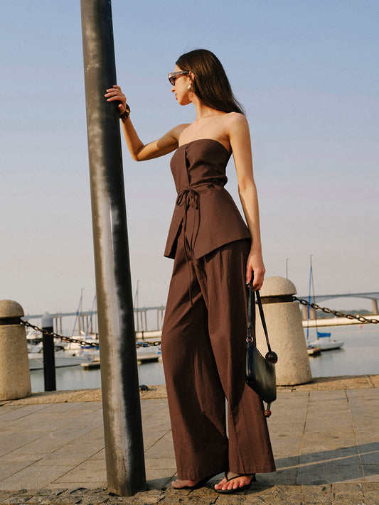 Pamuk ve Keten Kayışsız Peplum Bluz ve Bağlama