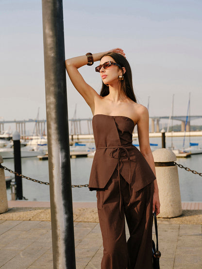 Pamuk ve Keten Kayışsız Peplum Bluz ve Bağlama