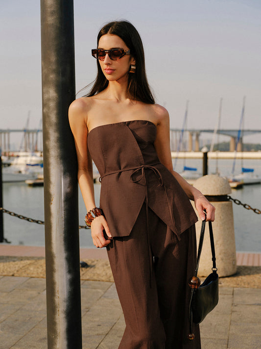Pamuk ve Keten Kayışsız Peplum Bluz ve Bağlama