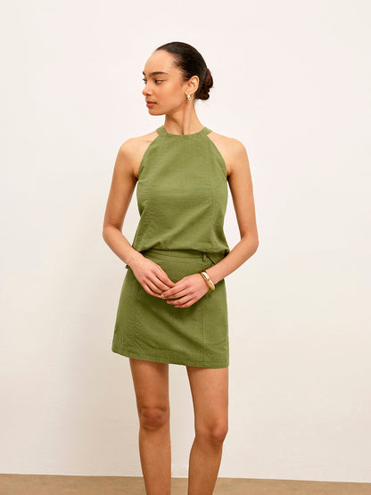 Kuşak Olmadan Pamuk ve Keten Halter Yaka Etek Takımı