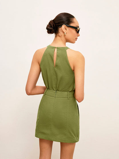 Kuşak Olmadan Pamuk ve Keten Halter Yaka Etek Takımı