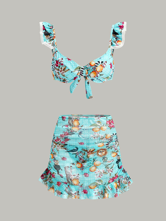 Çiçek Desenli Bikini Seti ve Pareo Etek ile
