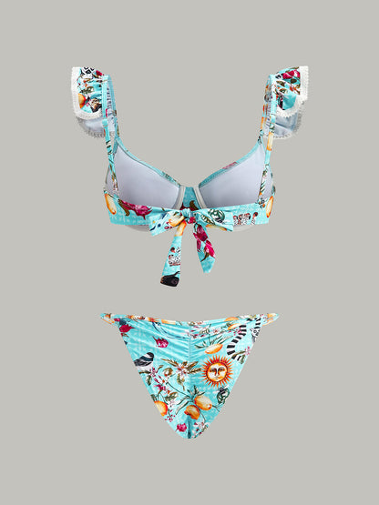 Çiçek Desenli Bikini Seti ve Pareo Etek ile