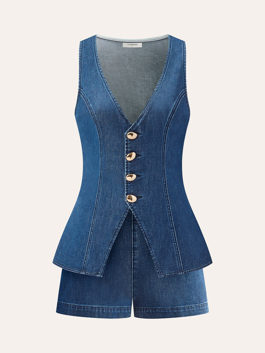 Metal Düğme Bağcıklı Denim V Yaka Şort Takımı