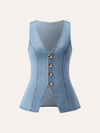 Metal Düğme Bağcıklı Denim V Yaka Şort Takımı