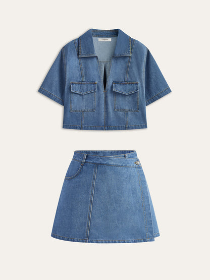 Denim Pocket Detailed Short Set