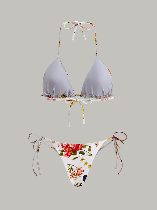 Çiçek Baskılı Bağcıklı Bikini Takımı