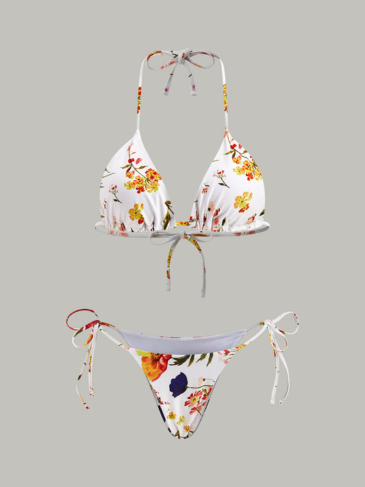 Çiçek Baskılı Bağcıklı Bikini Takımı