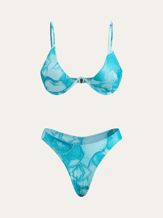 Mermer Baskılı Bikini Seti ve Pareo Etek ile
