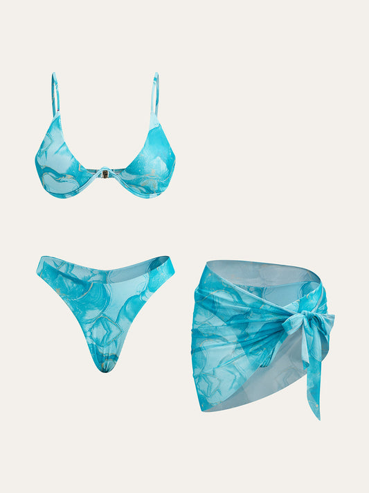Mermer Baskılı Bikini Seti ve Pareo Etek ile