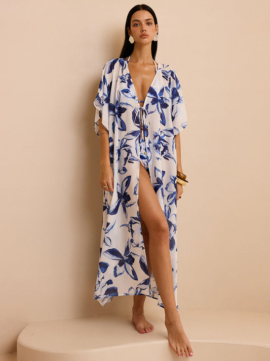 Bağlamalı Şeffaf Çiçek Desenli Kimono Üst Giysi