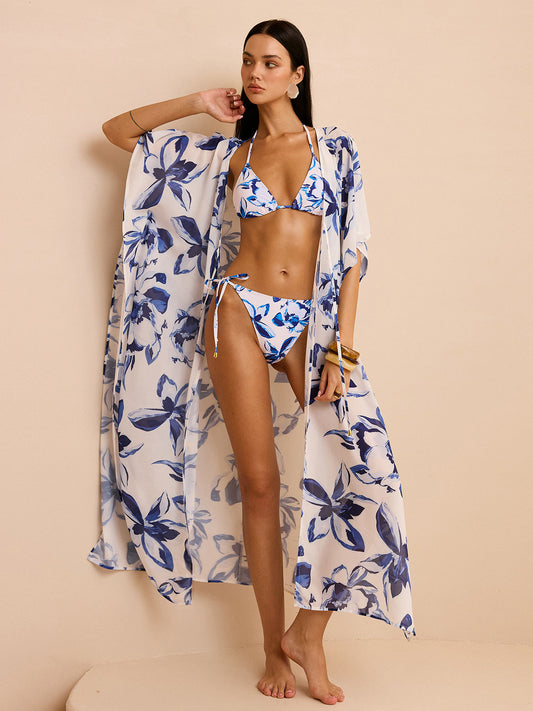 Bağlamalı Şeffaf Çiçek Desenli Kimono Üst Giysi