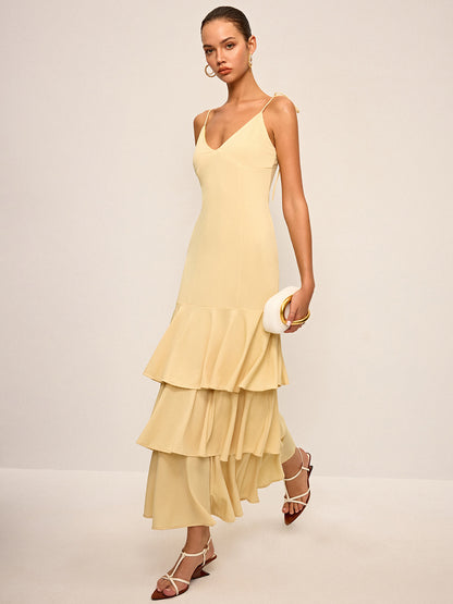 Bağlamalı Askılı Kat Kat Maxi Elbise