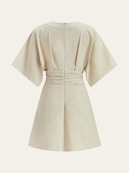 Pamuk ve Keten Büzgülü Düğme Detaylı Mini Elbise