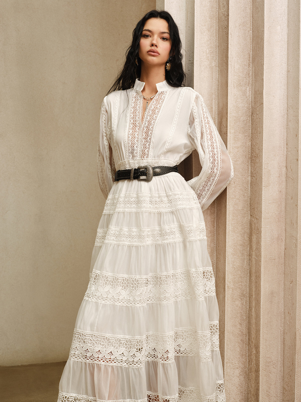 Kemer Olmadan Yarı Transparan Dantel Panel Maksi Elbise