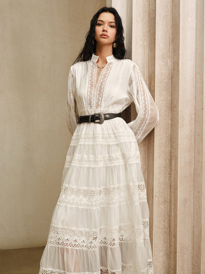 Kemer Olmadan Yarı Transparan Dantel Panel Maksi Elbise