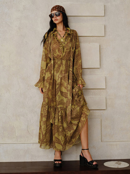 Astarı ile Boho Desenli Şifon Maxi Elbise Takımı