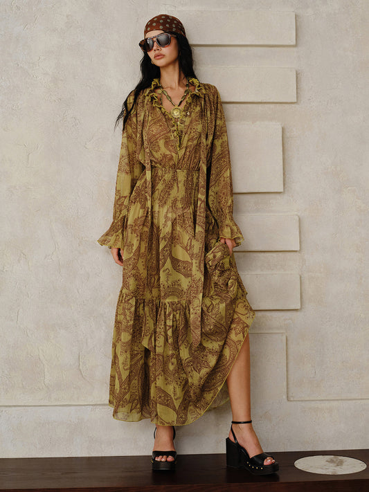 Astarı ile Boho Desenli Şifon Maxi Elbise Takımı