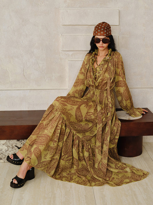 Astarı ile Boho Desenli Şifon Maxi Elbise Takımı