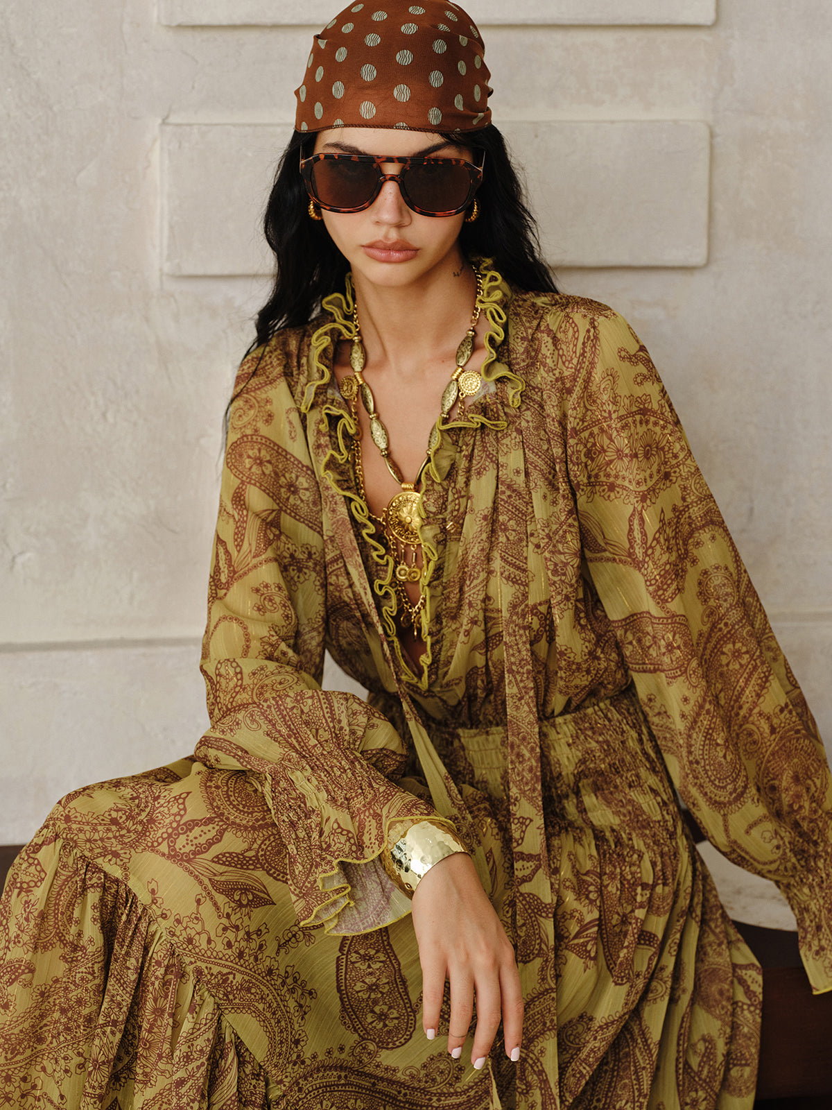 Astarı ile Boho Desenli Şifon Maxi Elbise Takımı