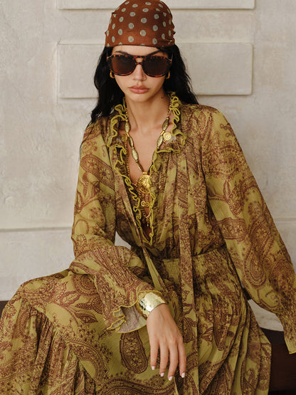 Astarı ile Boho Desenli Şifon Maxi Elbise Takımı