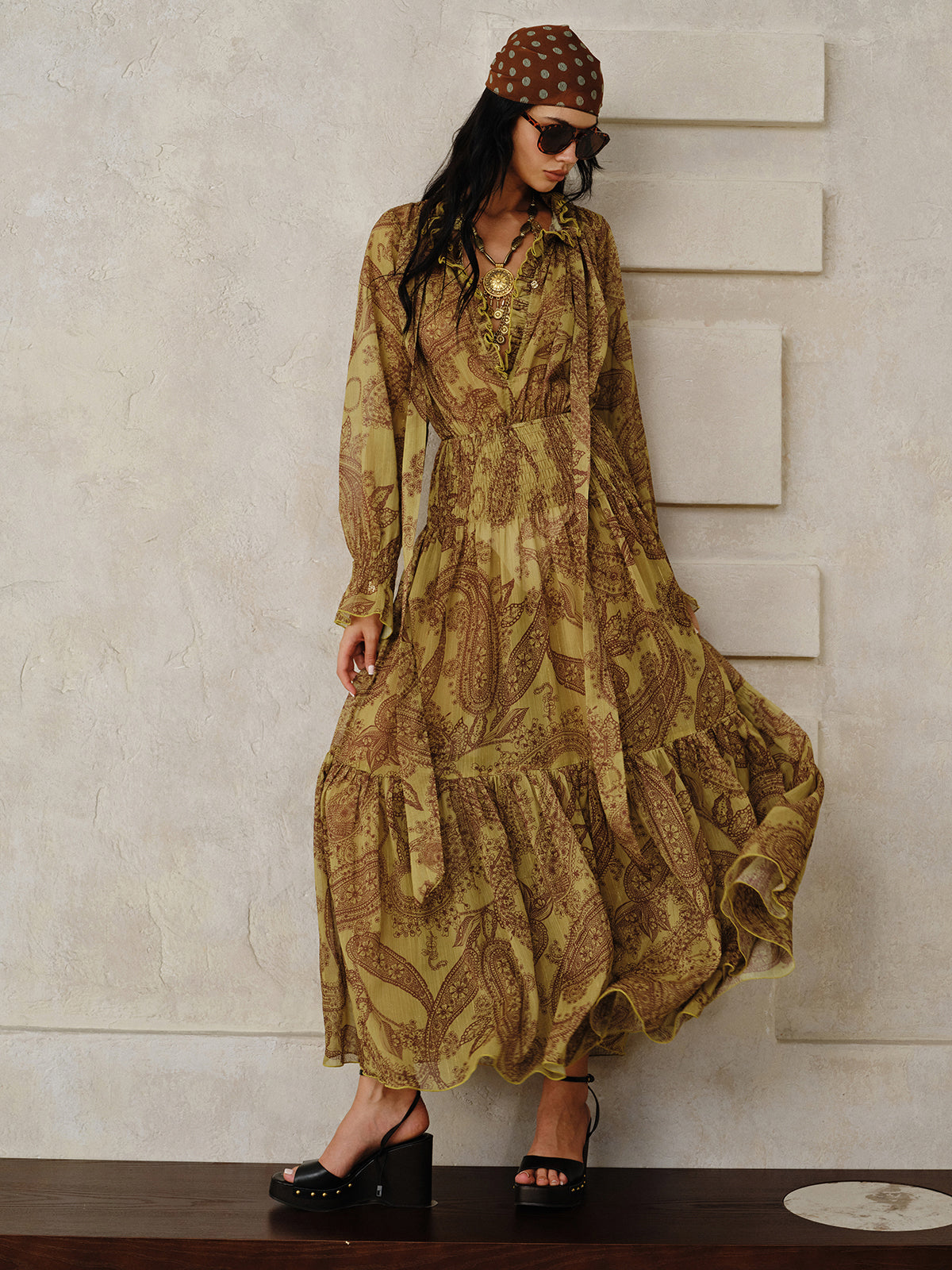 Astarı ile Boho Desenli Şifon Maxi Elbise Takımı